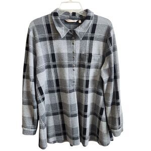Soft Surroundings Gray Plaid Top-Cozy-Roll Tab Sleeve-Cabincore-Grandmacore XL